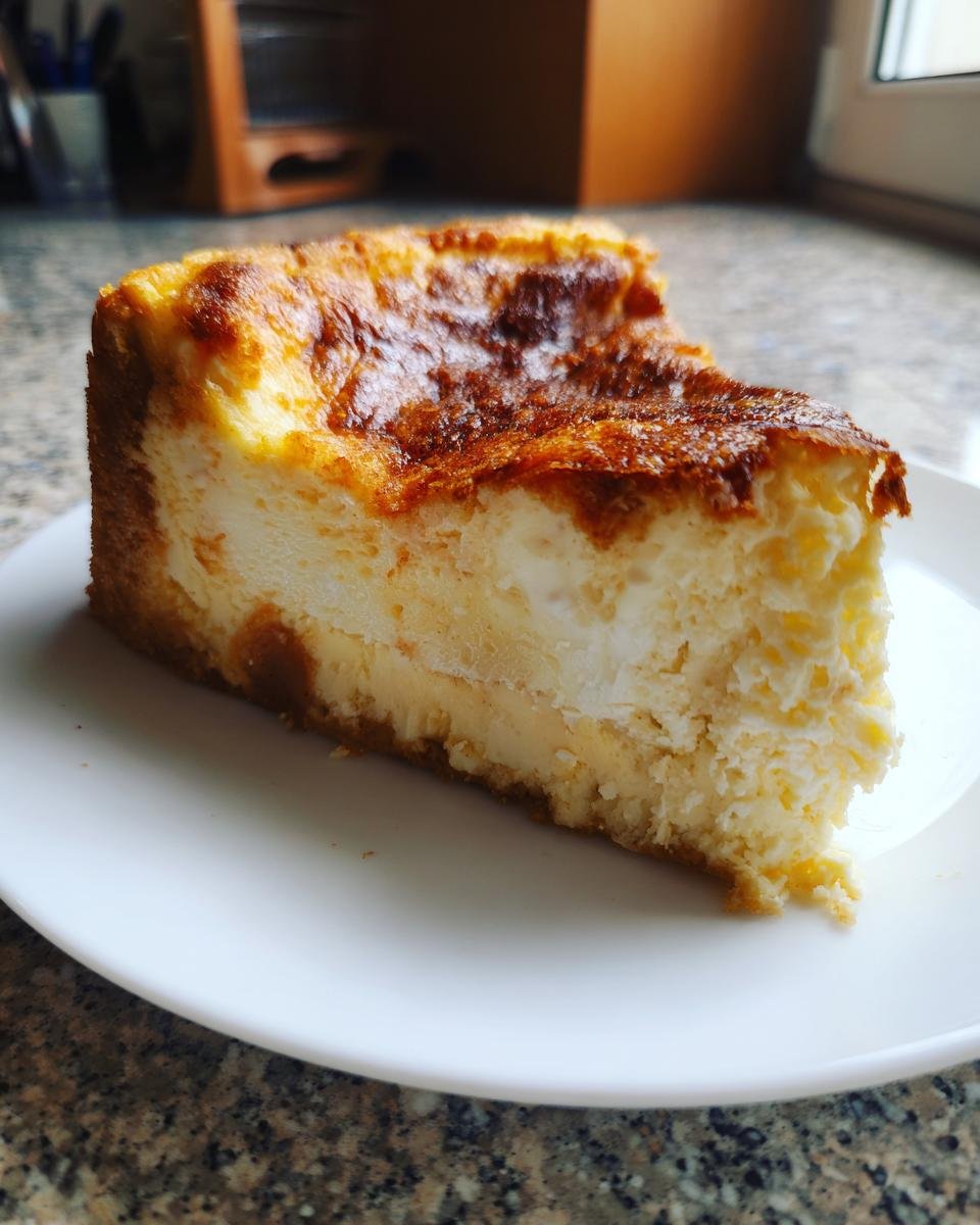 A slice of Schneller Quarkkuchen, a creamy German cheesecake, on a white plate.