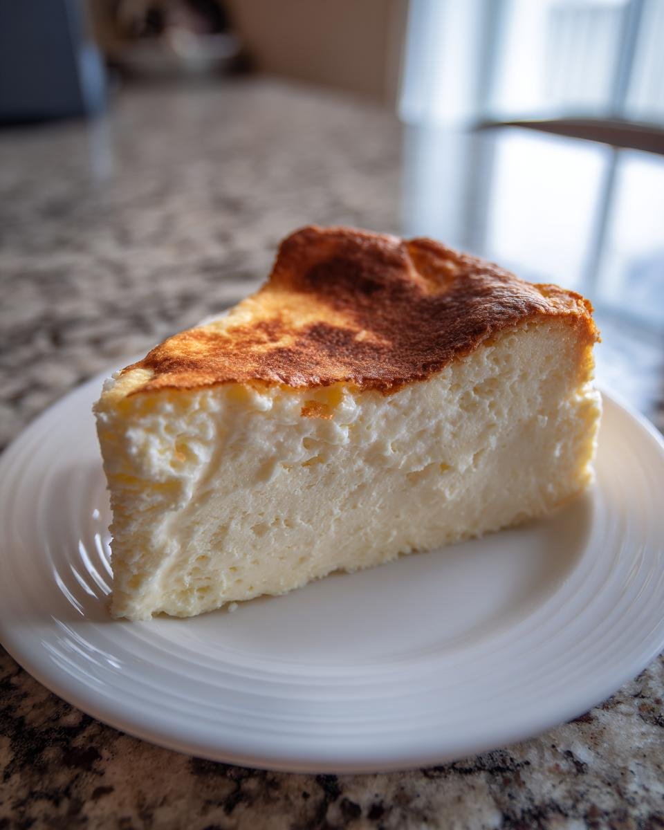 A slice of Schneller Quarkkuchen on a white plate, showcasing its creamy texture and slightly browned top.