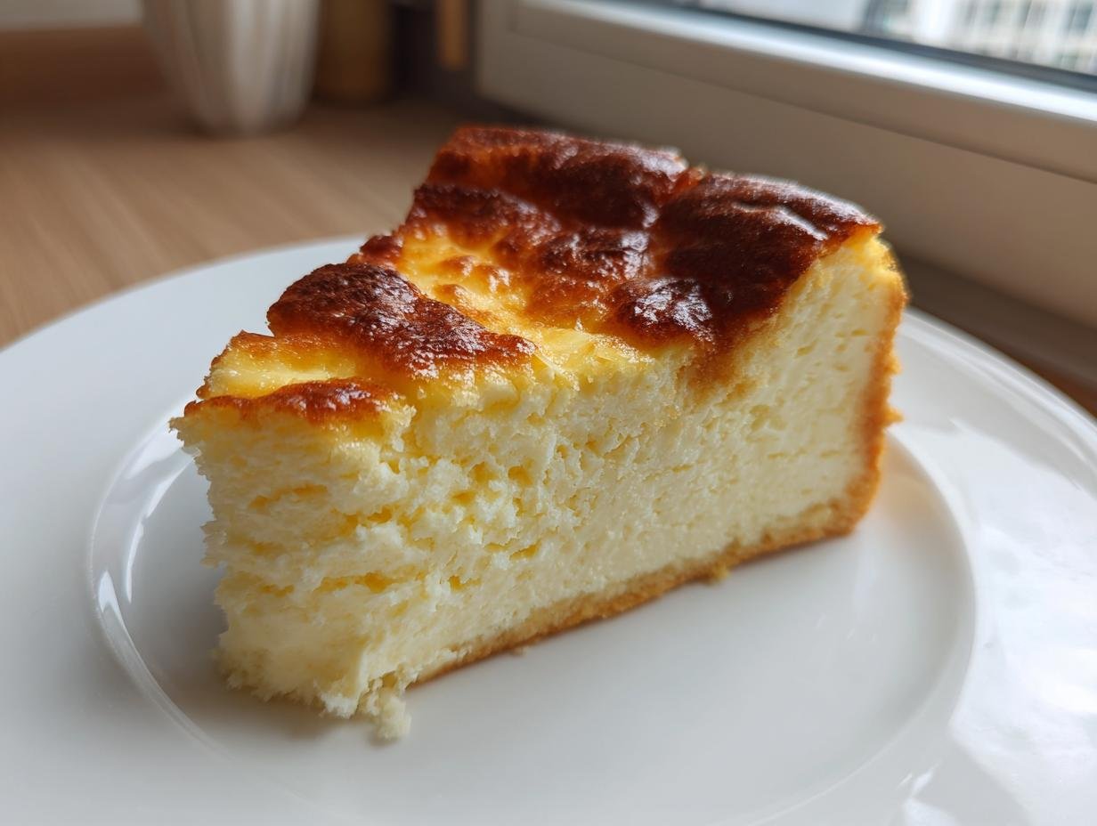 A slice of Schneller Quarkkuchen (German cheesecake) with a golden-brown top on a white plate.