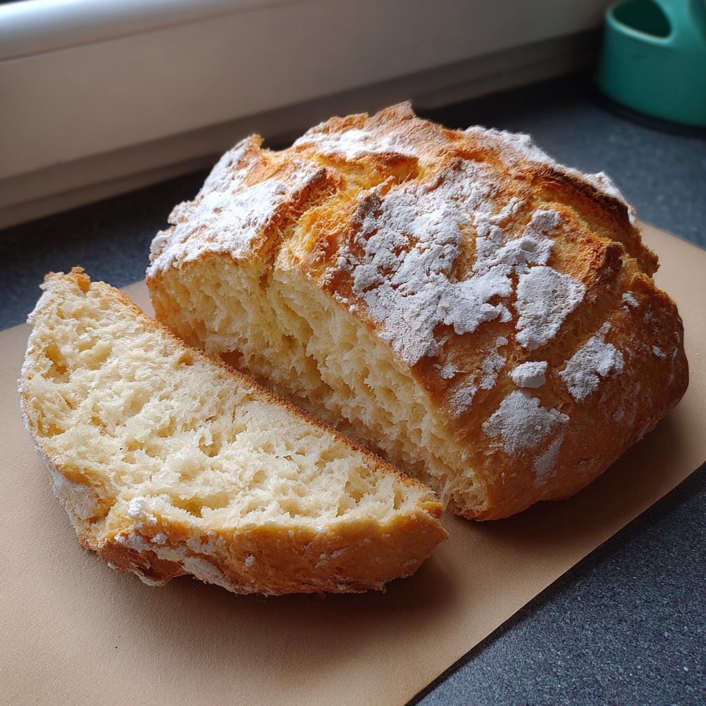 Freshly baked Schnelles Airfryer-Brot nach Jamie Oliver, sliced and ready to eat. Golden crust, flour dusted top.