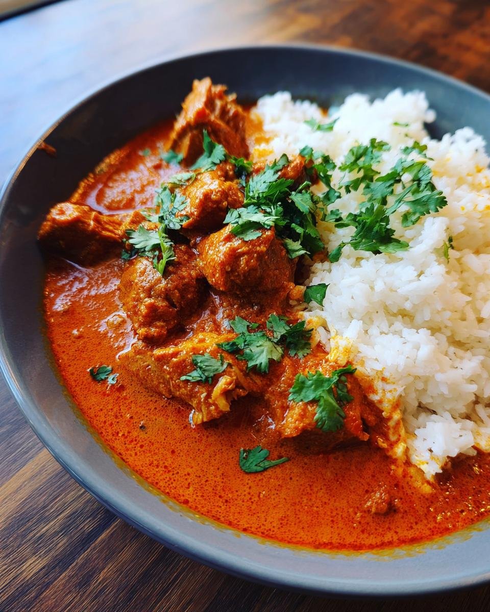 A bowl of Schnelles Hähnchencurry served with rice, garnished with fresh cilantro.