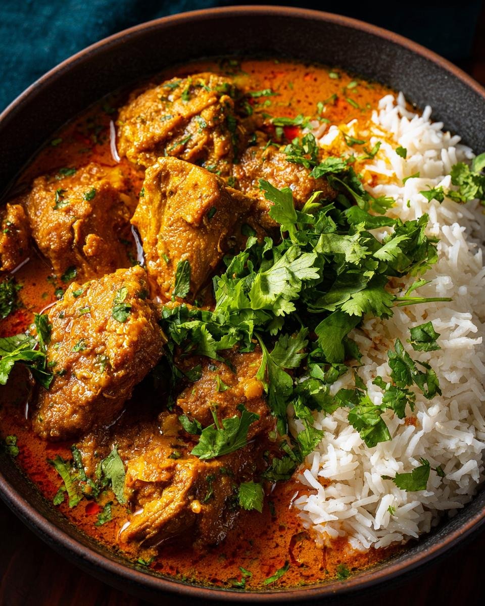 A bowl of Schnelles Hähnchencurry with tender chicken, flavorful sauce, rice, and fresh cilantro.