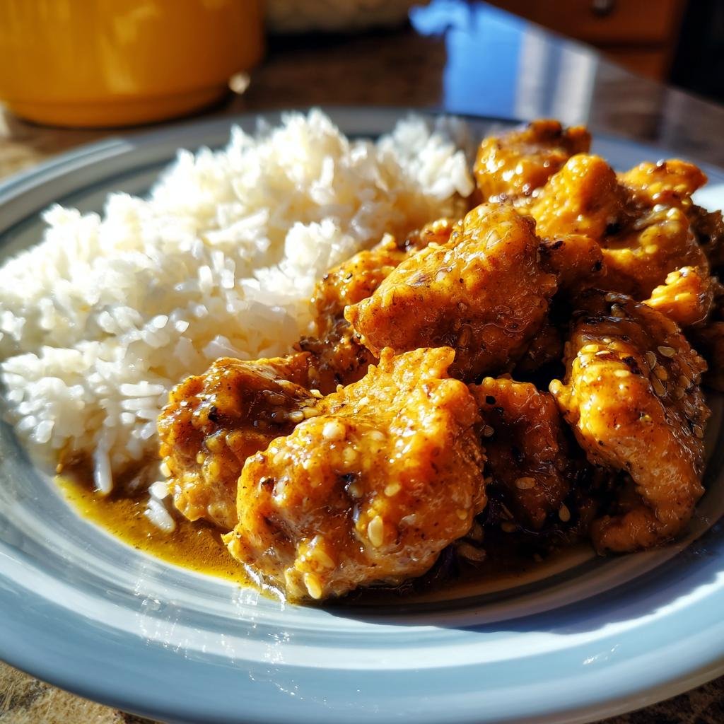 Close-up of Schnelles Honig Senf Hähnchen mit Reis, featuring glazed chicken and fluffy white rice.