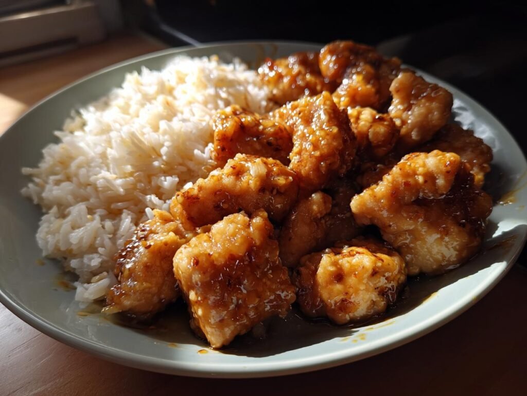 Plate of Schnelles Honig Senf Hähnchen mit Reis rezept, featuring glazed chicken and fluffy rice.