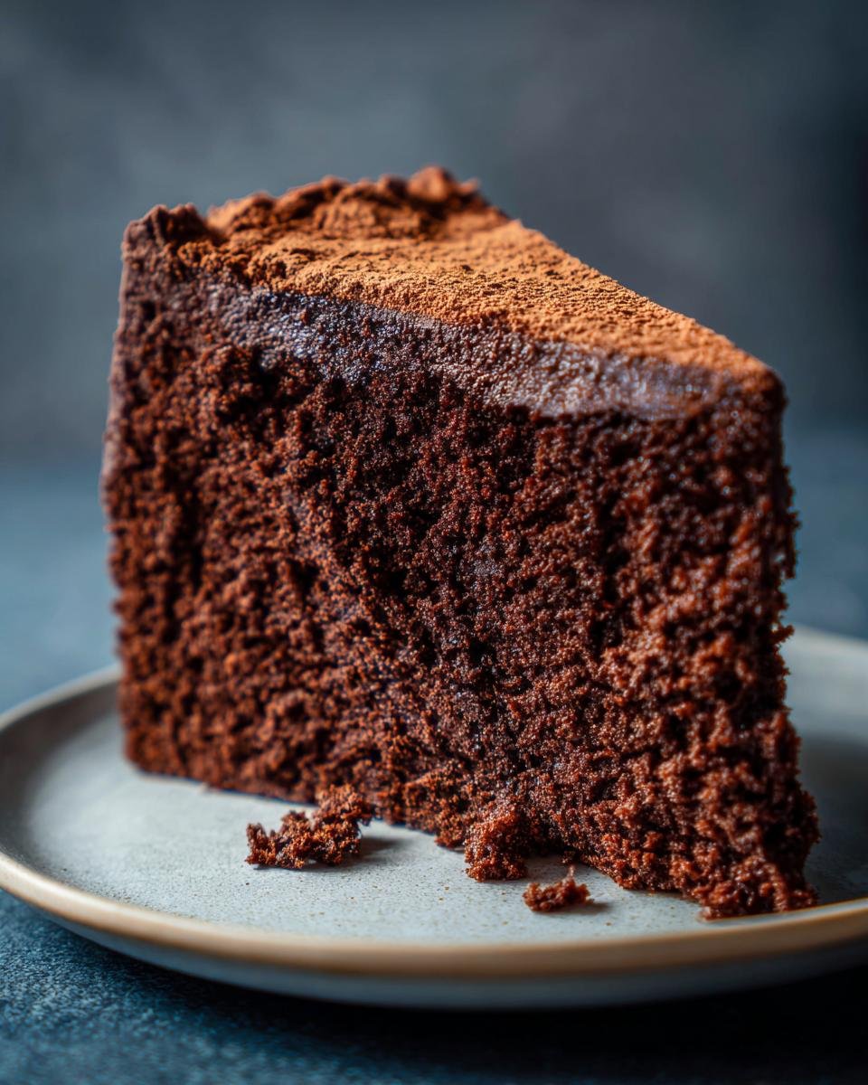 Ein Stück saftiger Schokoladenkuchen, bestäubt mit Kakao. Bestes Schokokuchen Rezept.