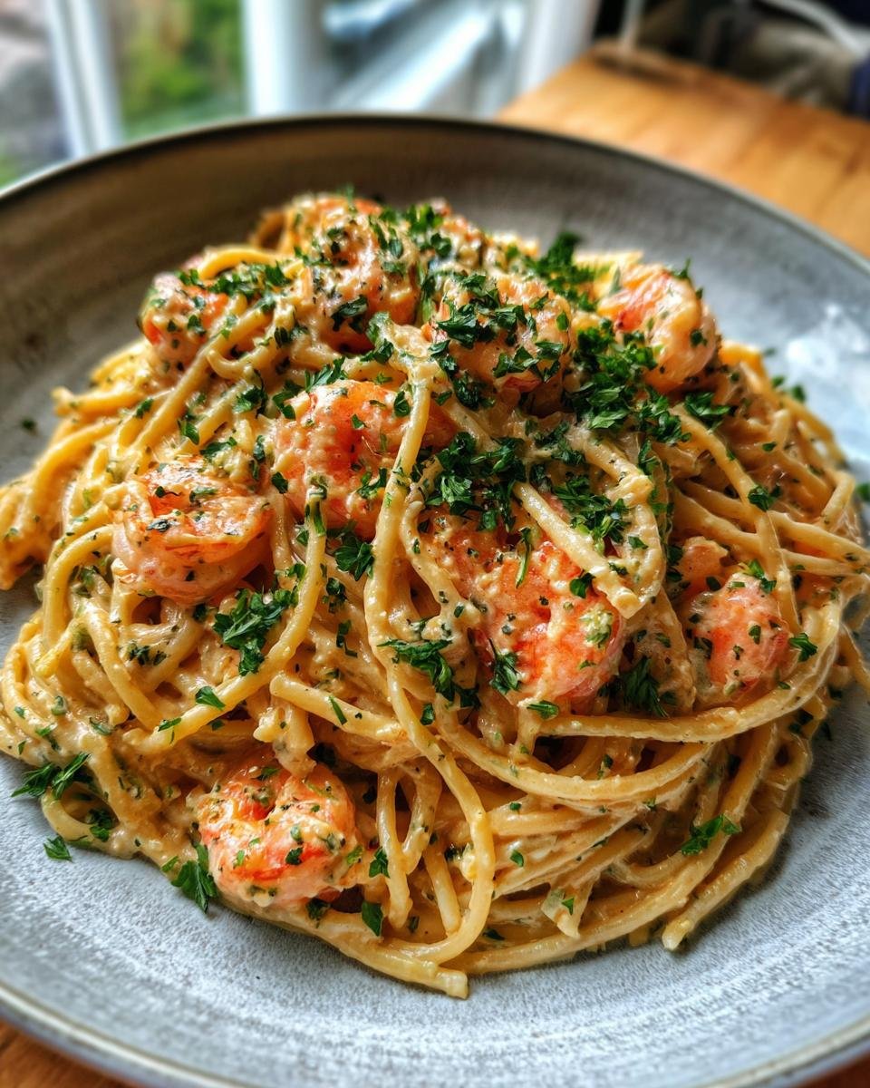 Delicious Spaghetti mit Garnelen in Frischkäsesauce, garnished with fresh parsley, served in a gray bowl.