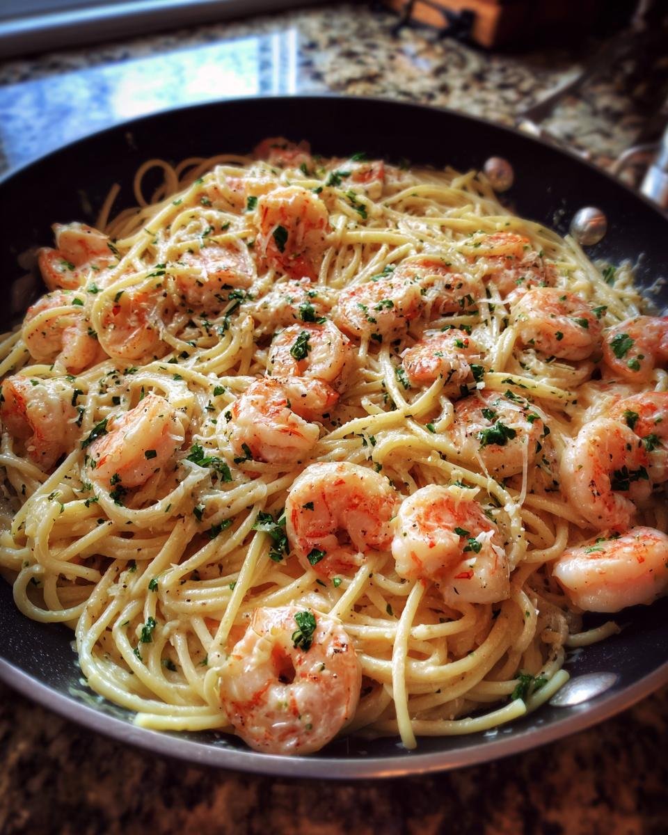 A pan of Spaghetti mit Garnelen in Frischkäsesauce, garnished with parsley and cheese.