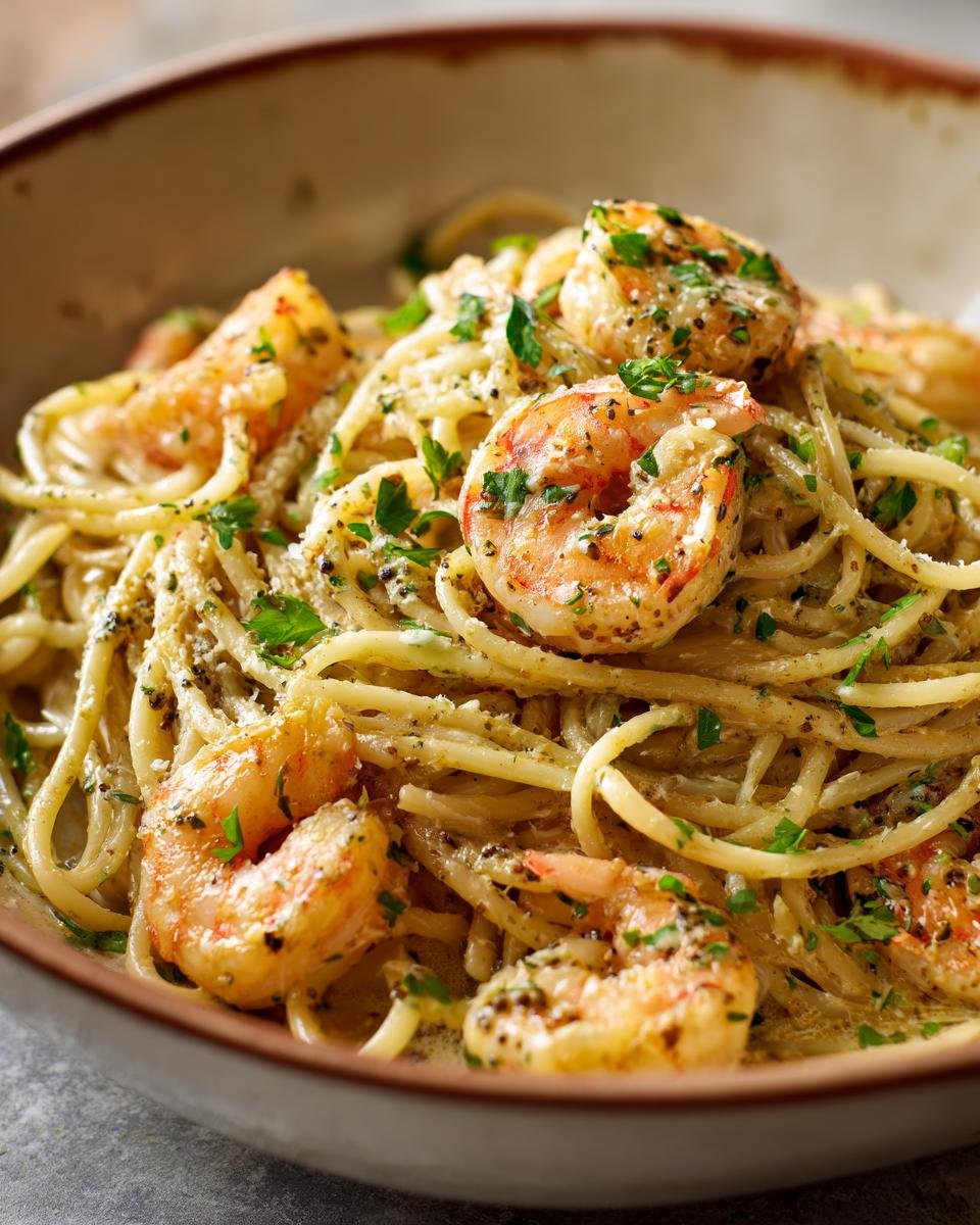 Close-up of Spaghetti mit Garnelen in Frischkäsesauce in a bowl, garnished with parsley.