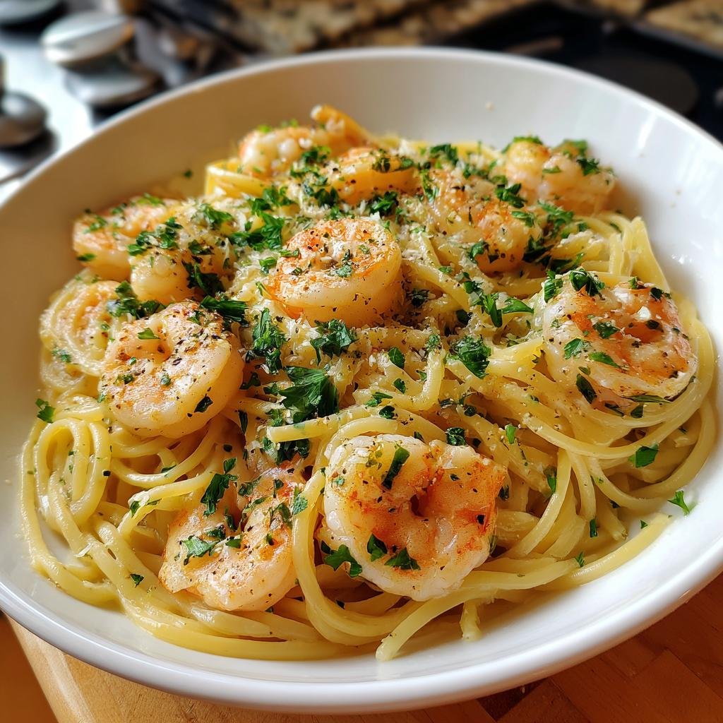 Delicious Spaghetti mit Garnelen in Frischkäsesauce, topped with fresh parsley and parmesan cheese.
