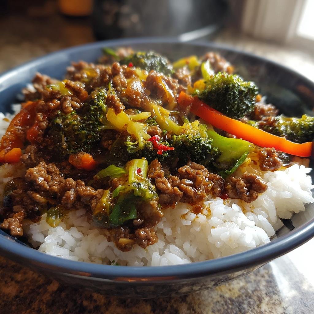 Close-up of a Spicy Ground Beef Stir-Fry Bowl with Garlic Veggies and Steamy Rice in a blue bowl.