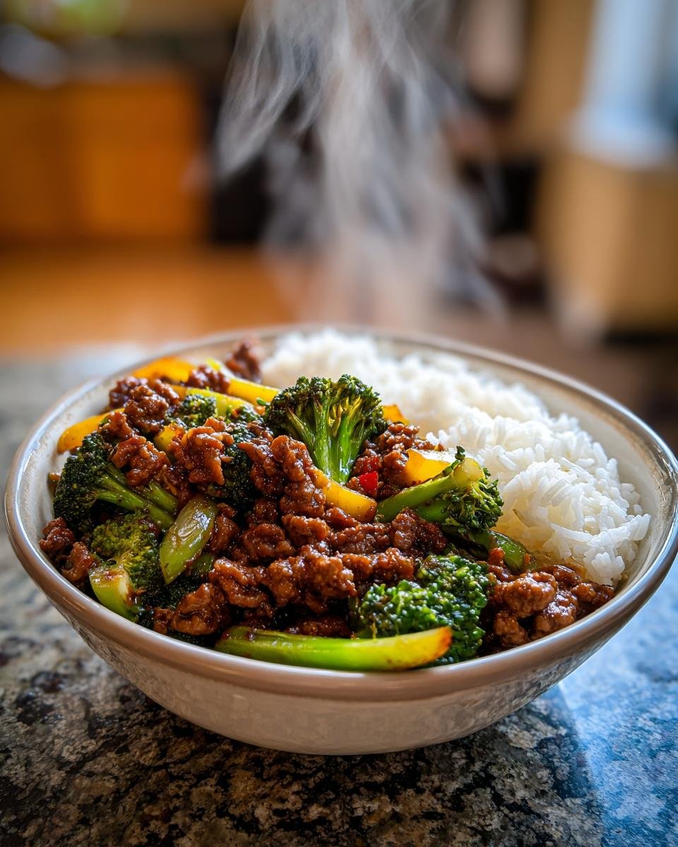 A steamy Spicy Ground Beef Stir-Fry Bowl with garlic veggies and rice, ready to eat.