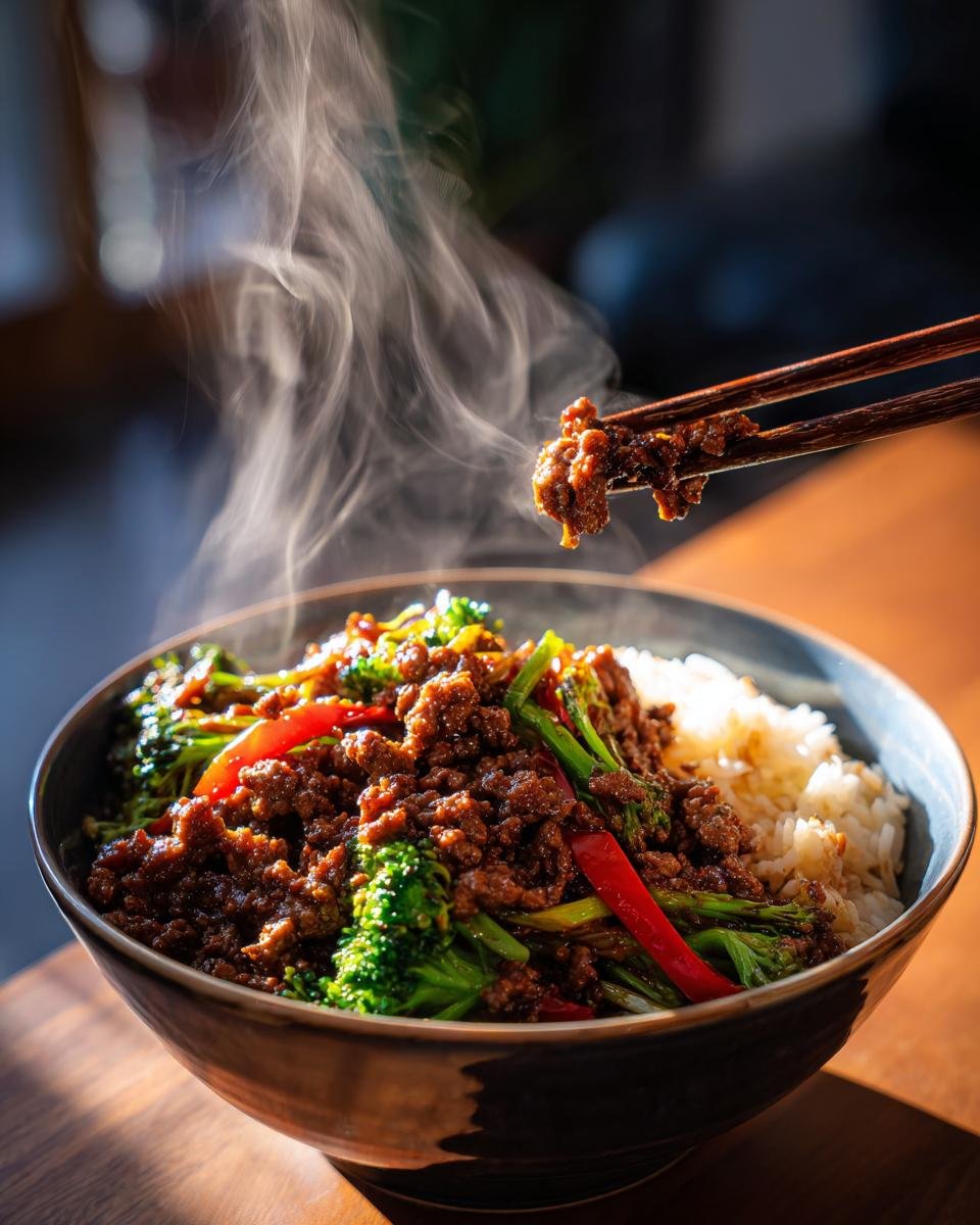 A steamy bowl of Spicy Ground Beef Stir-Fry with garlic veggies and rice, served with chopsticks.
