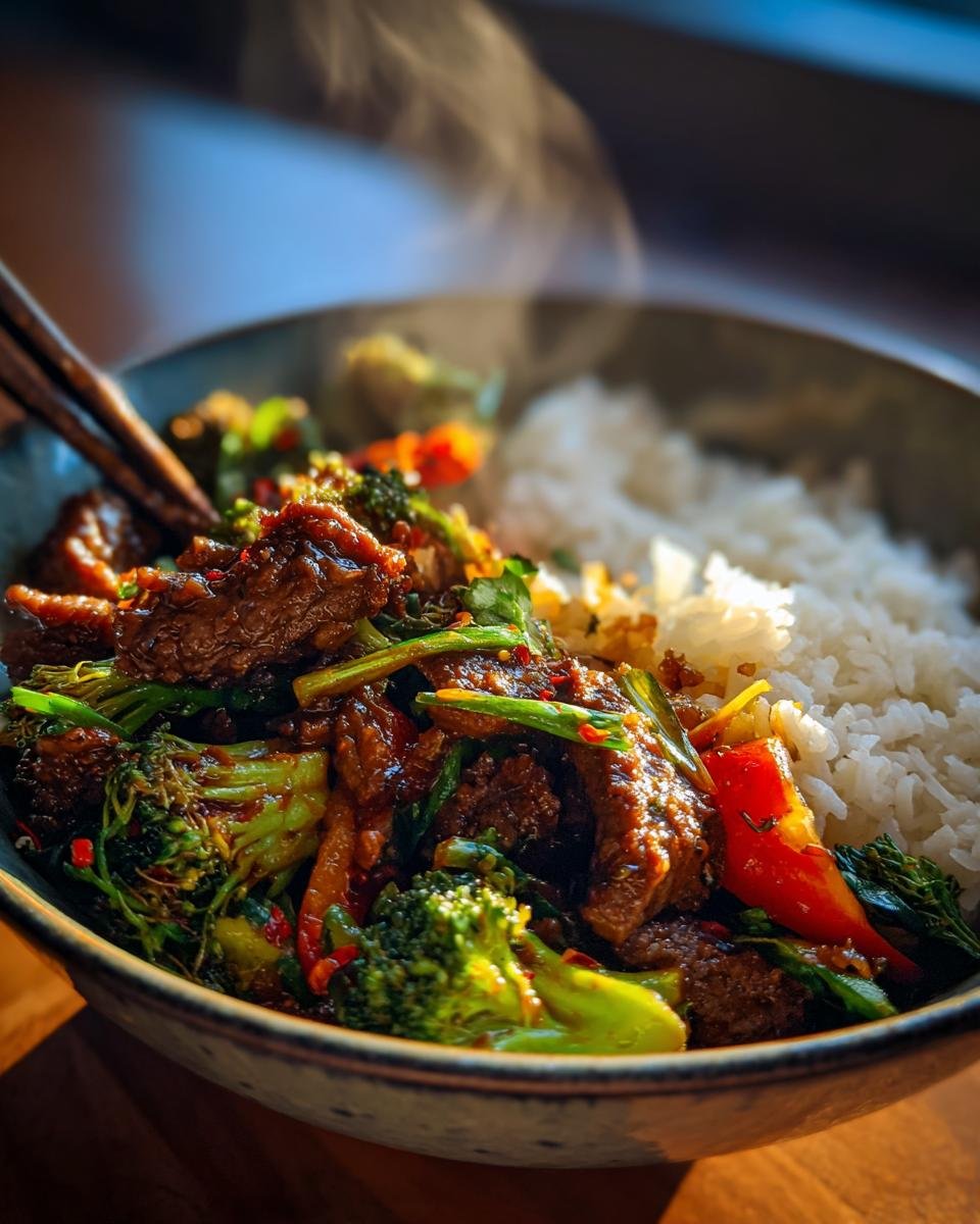 Close-up of a Spicy Ground Beef Stir-Fry Bowl with Garlic Veggies & Steamy Rice, served with chopsticks.
