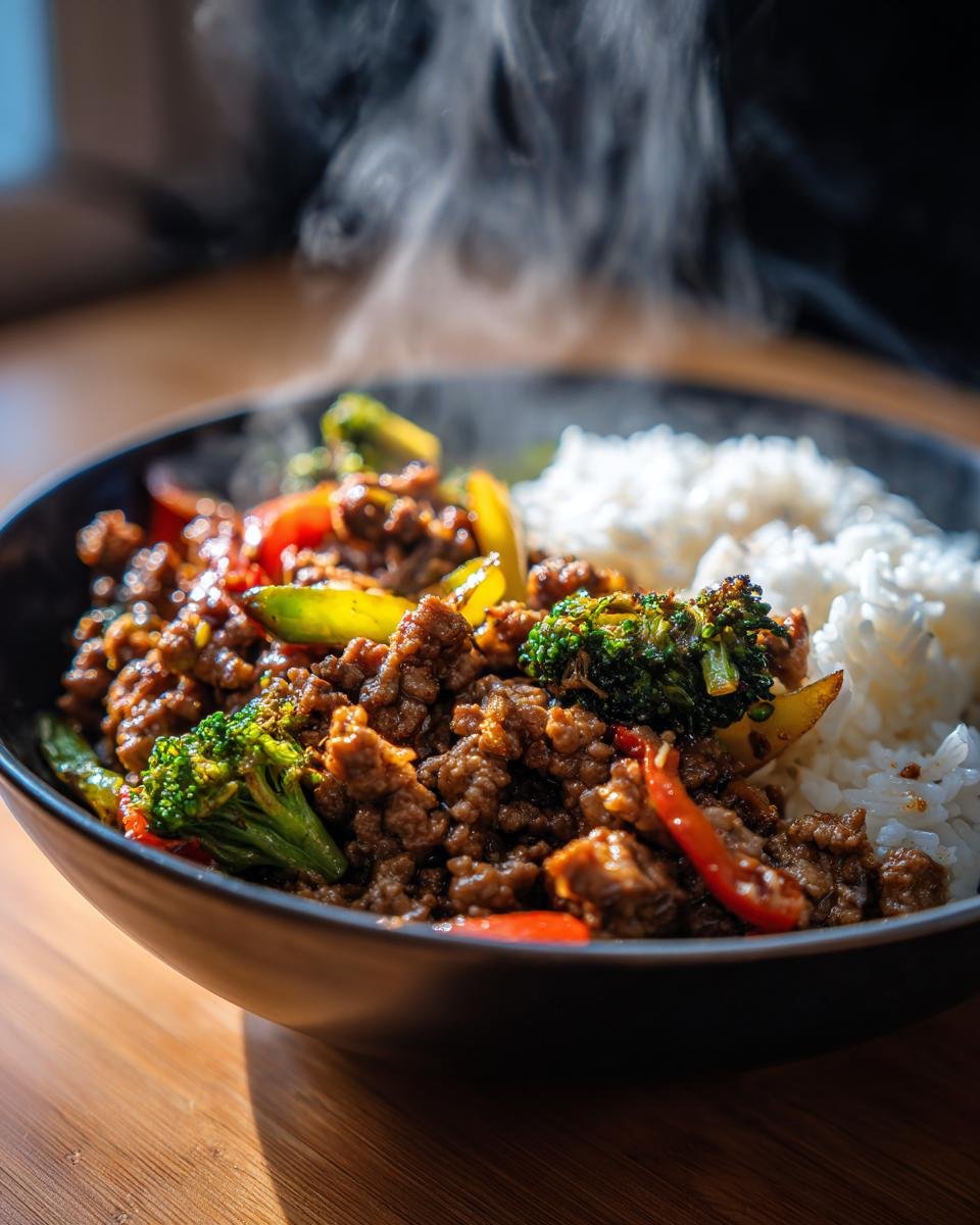 Steaming Spicy Ground Beef Stir-Fry Bowl with Garlic Veggies and Rice in a black bowl.