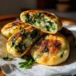 Close-up of golden-brown Spinatknödel, a vegetarisches Rezept fürs Mittagessen, with a spinach filling.