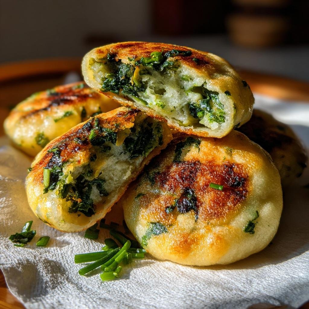 Close-up of golden-brown Spinatknödel, a vegetarisches Rezept fürs Mittagessen, with a spinach filling.