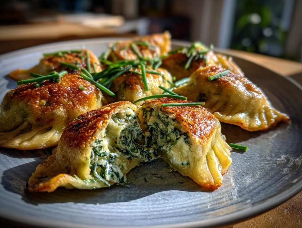 Close-up of Spinatknödel, a vegetarian dish, showcasing the spinach filling and golden-brown exterior. Vegetarisches Rezept fürs Mittagessen.