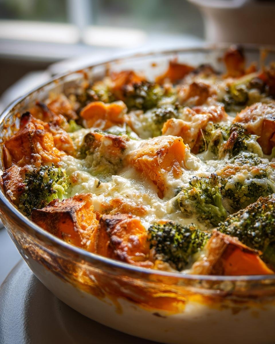 Nahaufnahme eines Süßkartoffel-Brokkoli-Auflauf mit Feta, frisch aus dem Ofen.