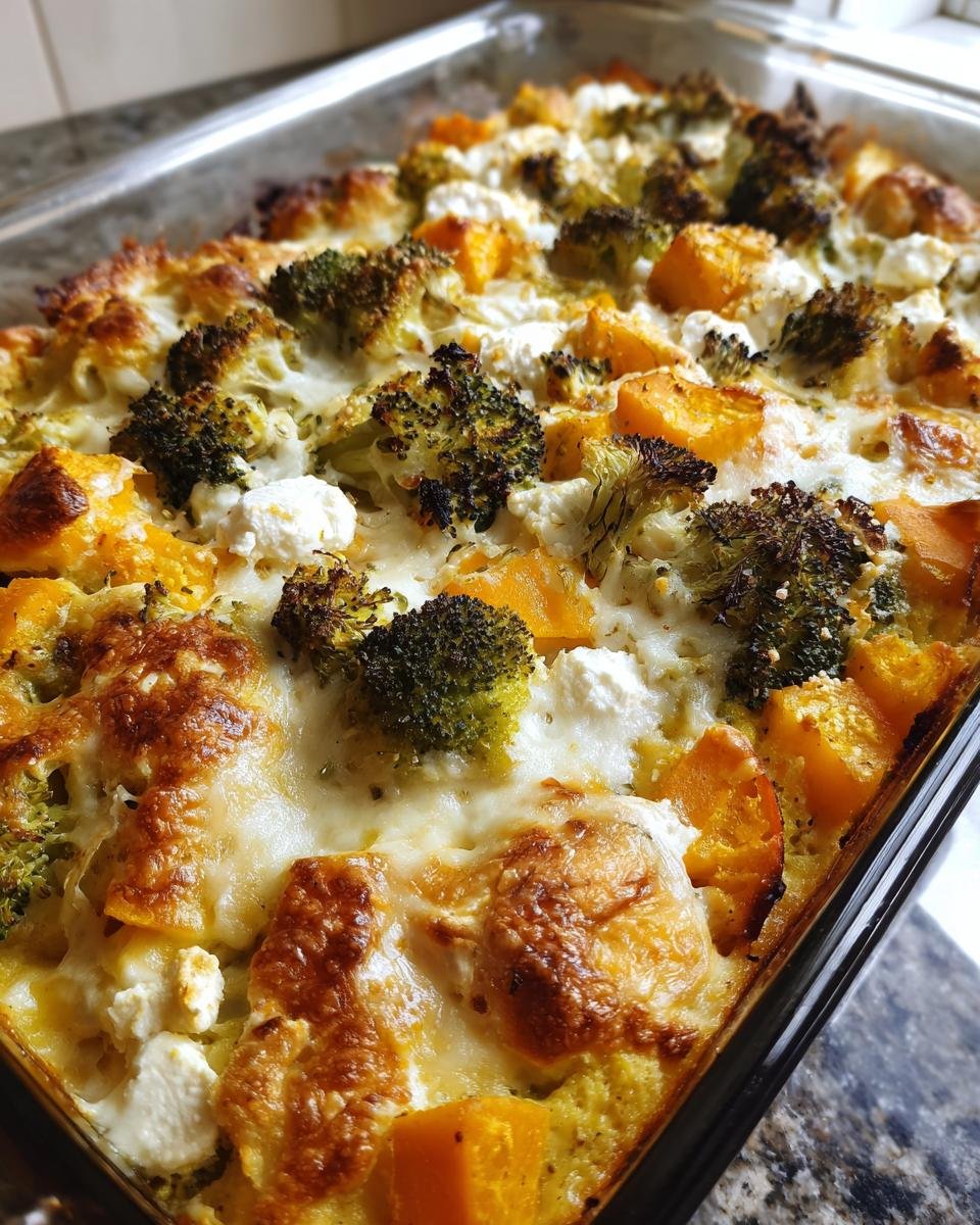 Gebackener Süßkartoffel-Brokkoli-Auflauf mit Feta in einer Auflaufform, Nahaufnahme.