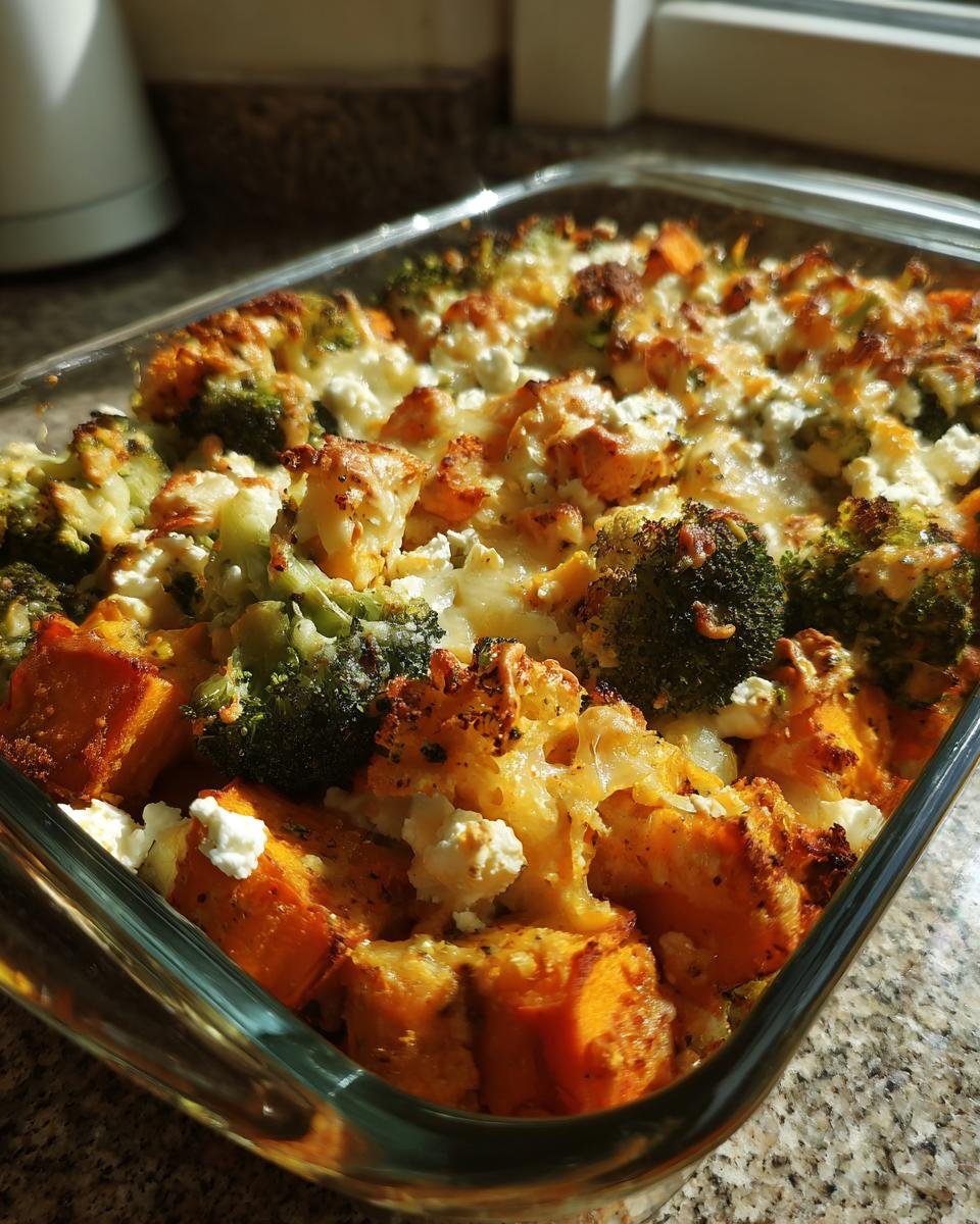 Nahaufnahme eines Süßkartoffel-Brokkoli-Auflauf mit Feta in einer Glasauflaufform.