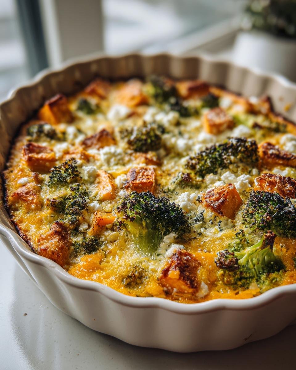 Nahaufnahme eines Süßkartoffel-Brokkoli-Auflauf mit Feta in einer weißen Auflaufform.