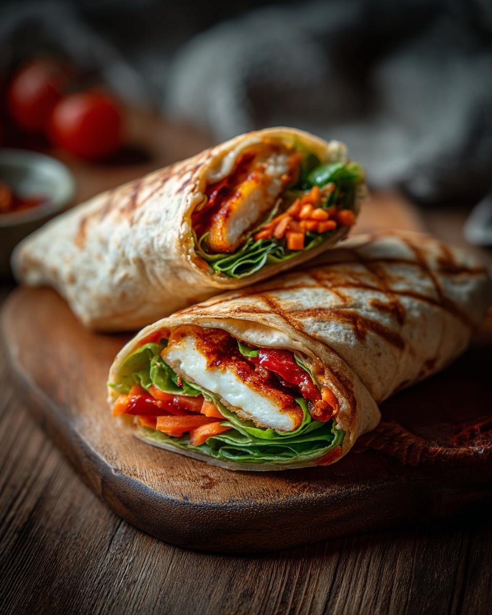 Two Sweet Chili Halloumi Wraps cut in half on a wooden board, showing the halloumi, lettuce and carrots.