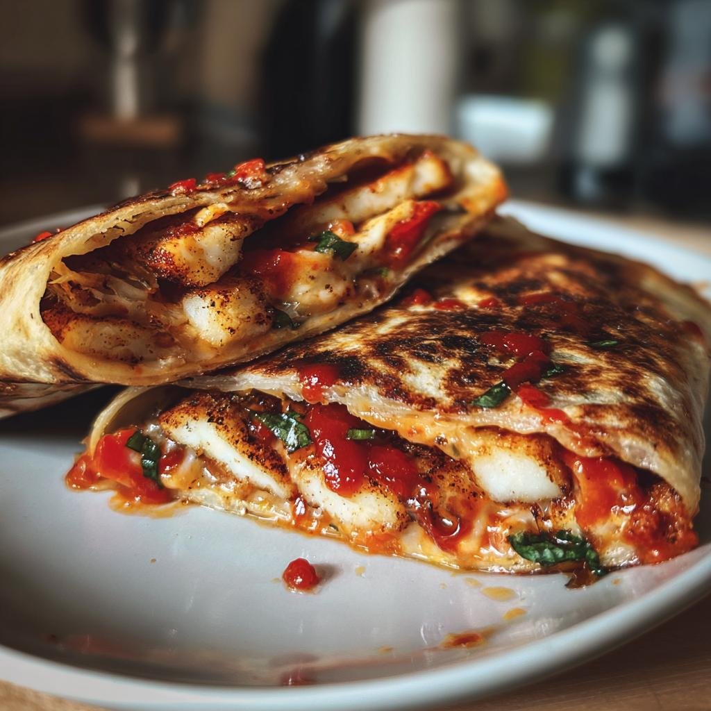 Two halves of Sweet Chili Halloumi Wraps on a plate, showing the filling of halloumi, sauce, and herbs.