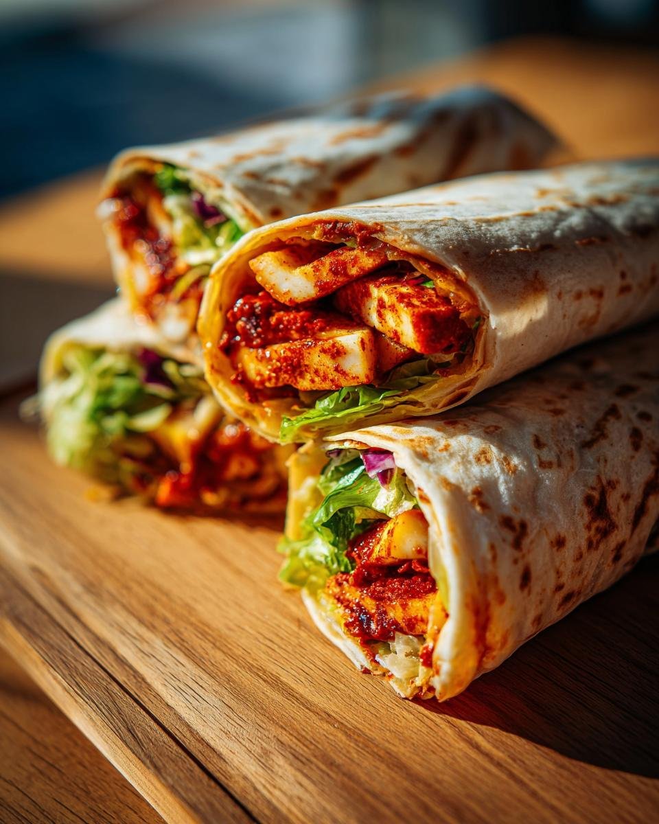 A stack of delicious Sweet Chili Halloumi Wraps with fresh lettuce and vibrant colors.
