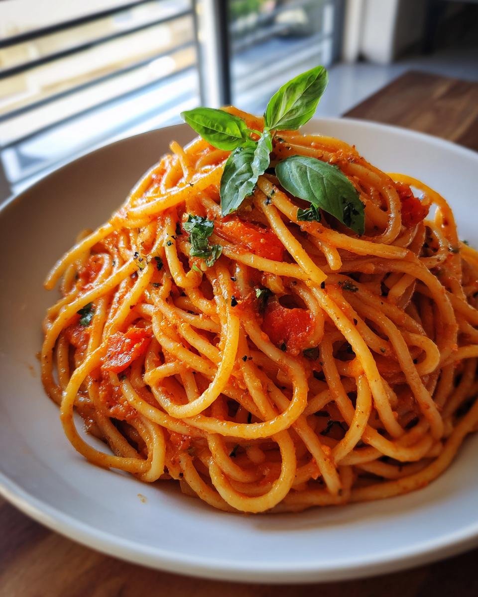 A plate of Tomaten-Knoblauch-Pasta topped with fresh basil leaves, ready to eat.