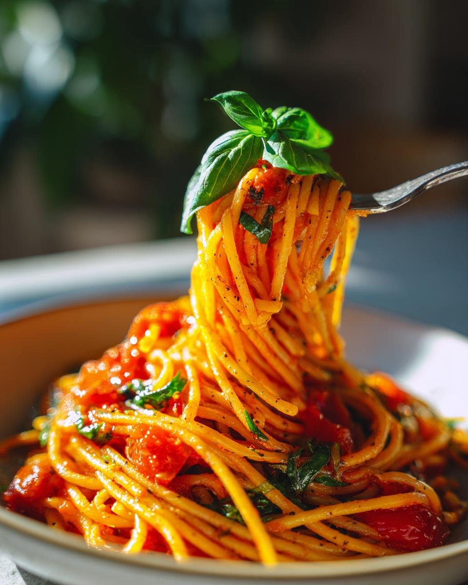 Close-up of Tomaten-Knoblauch-Pasta on a fork, garnished with fresh basil leaves.