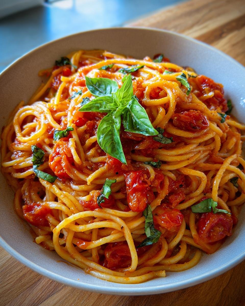 Nahaufnahme von Tomaten-Knoblauch-Pasta, garniert mit frischem Basilikum in einer Schüssel.