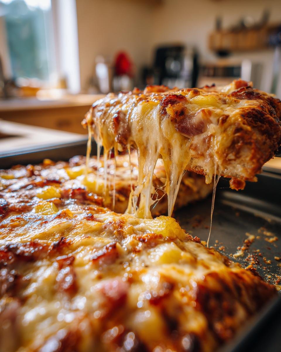 Close-up of a slice of Überbackene Partyschnitzel with melted cheese being lifted from a baking sheet.