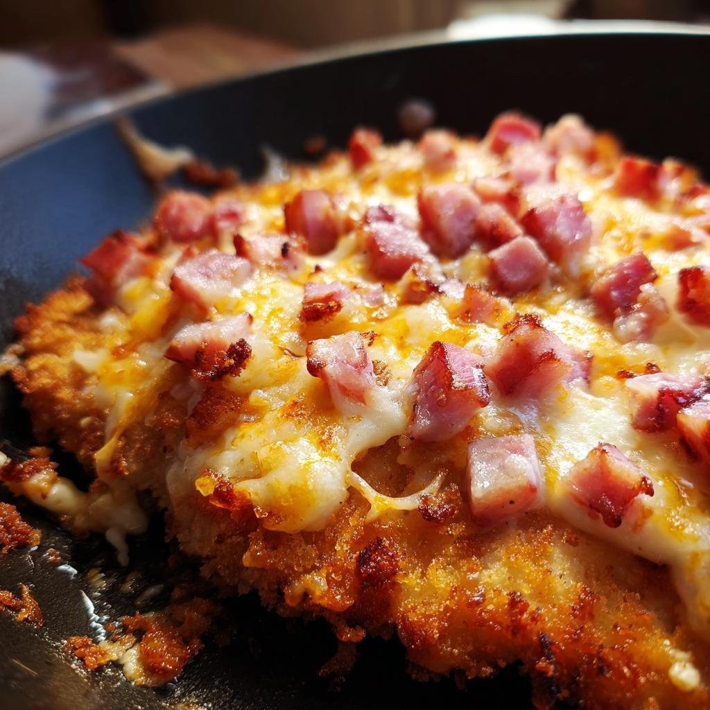 Close-up of Überbackene Partyschnitzel aus dem Ofen, topped with melted cheese and diced ham.