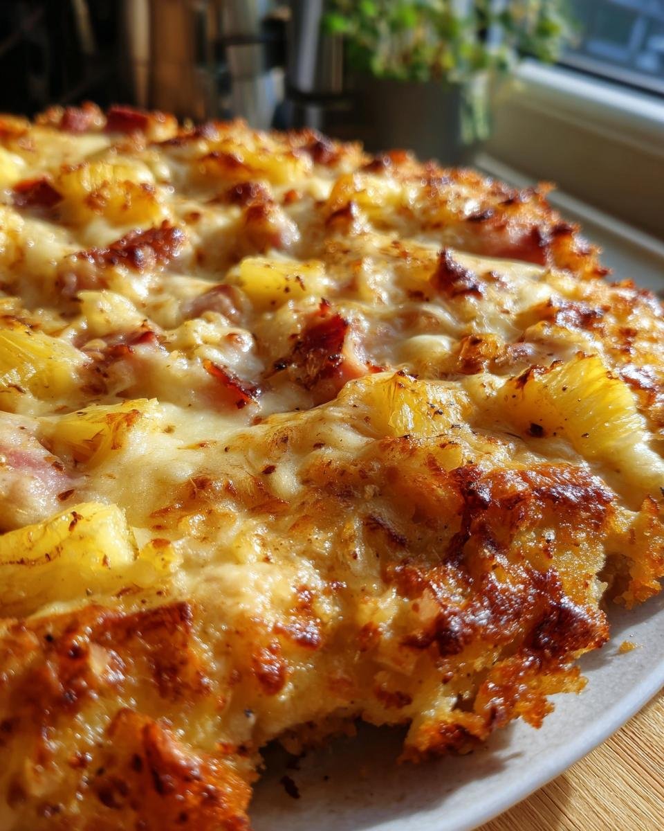 Close-up of Überbackene Partyschnitzel with pineapple, ham, and melted cheese topping.