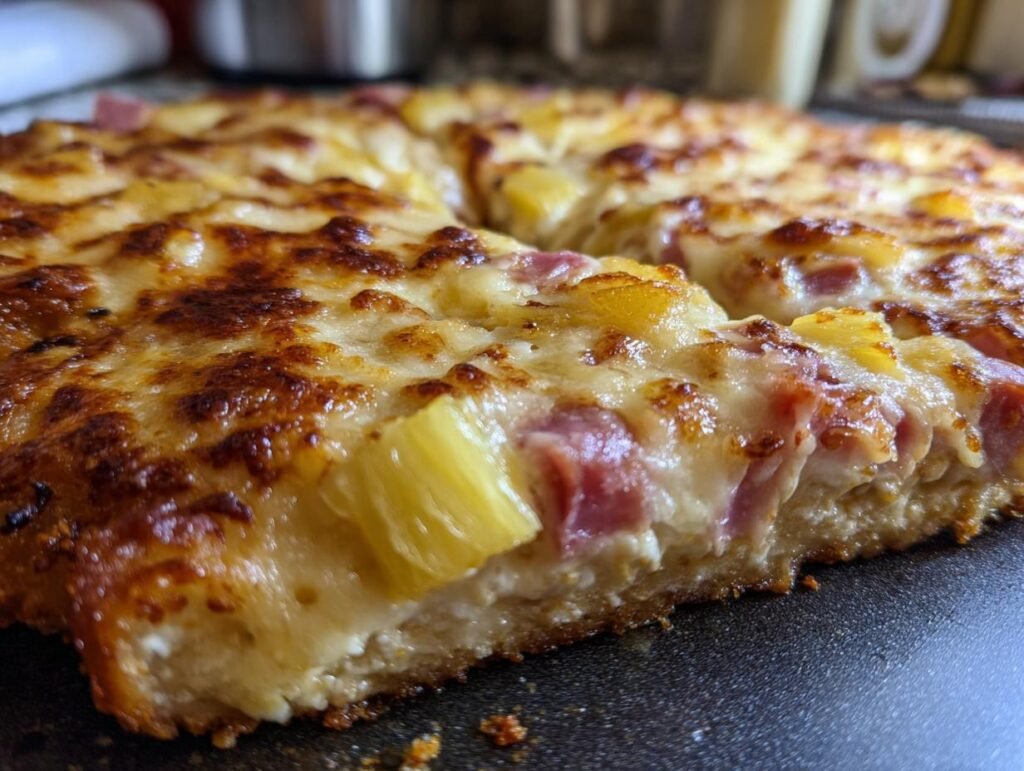 Close-up of Überbackene Partyschnitzel featuring pineapple, ham, and a cheesy topping.