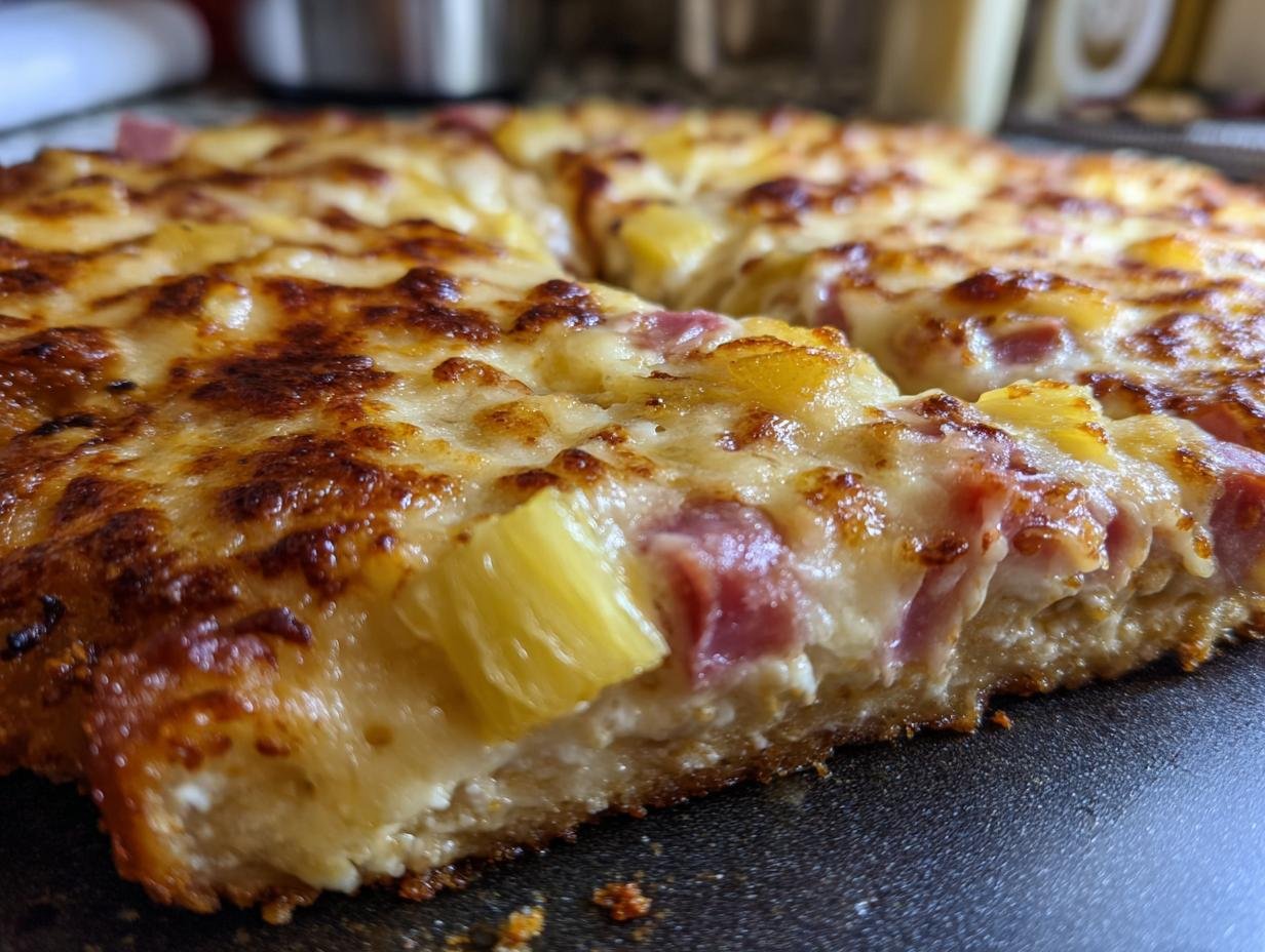 Close-up of Überbackene Partyschnitzel featuring pineapple, ham, and a cheesy topping.