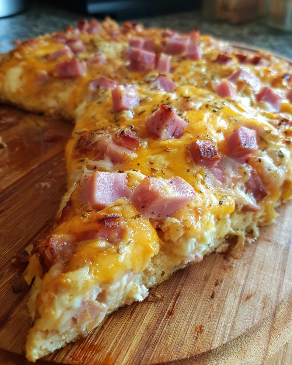 Close-up of a slice of Überbackene Partyschnitzel aus dem Ofen, showing ham and cheese.