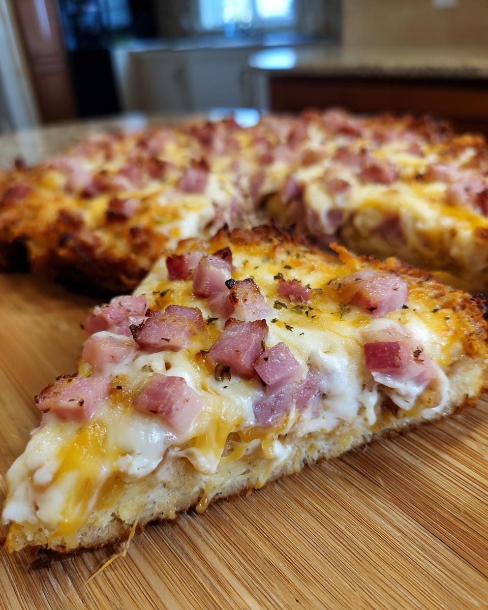 A slice of Überbackene Partyschnitzel aus dem Ofen, topped with cheese and ham, on a wooden board.