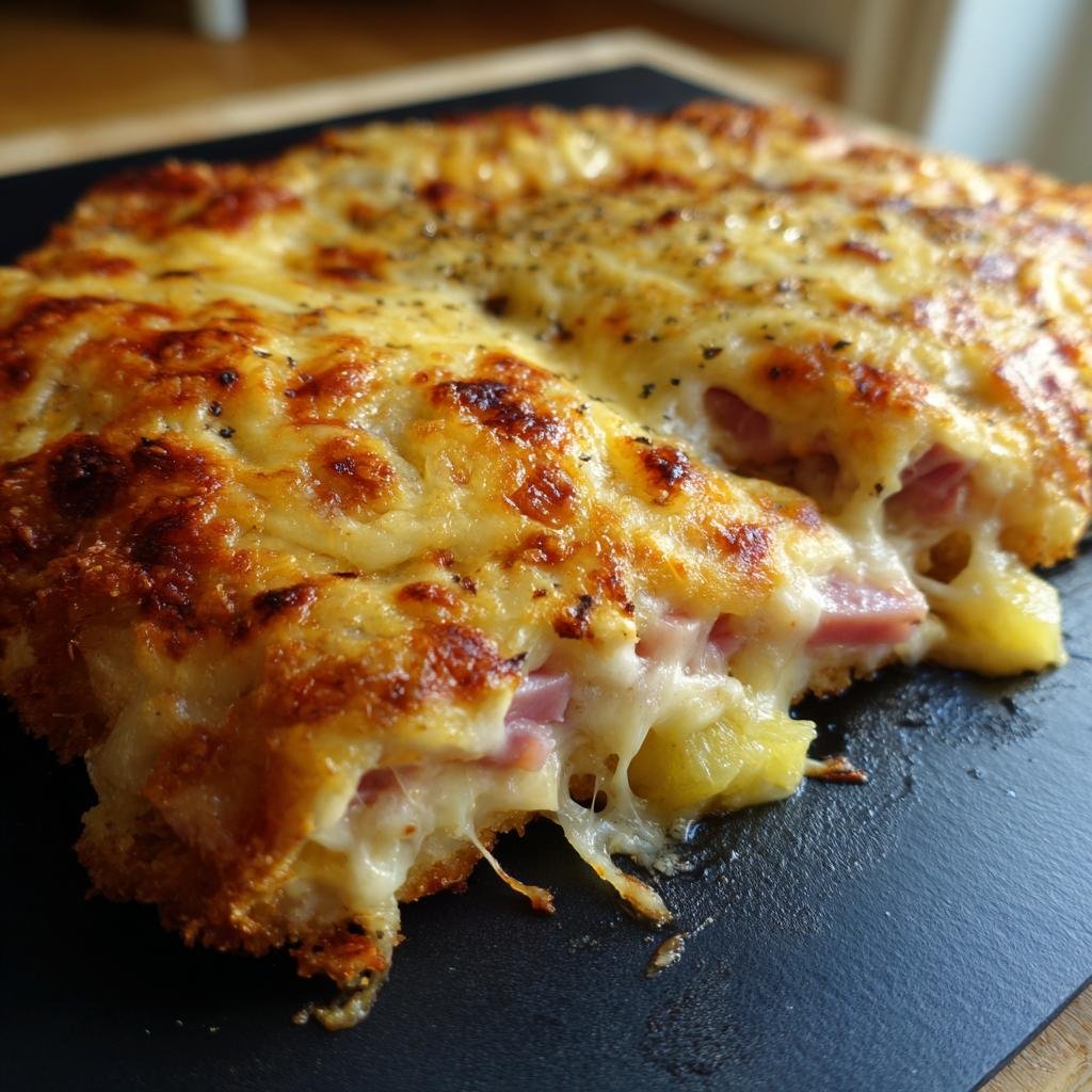 Close-up of Überbackene Partyschnitzel featuring ham, pineapple, and melted cheese.