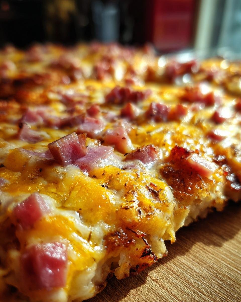 Close-up of Überbackene Partyschnitzel aus dem Ofen, showing the cheesy topping and ham pieces.