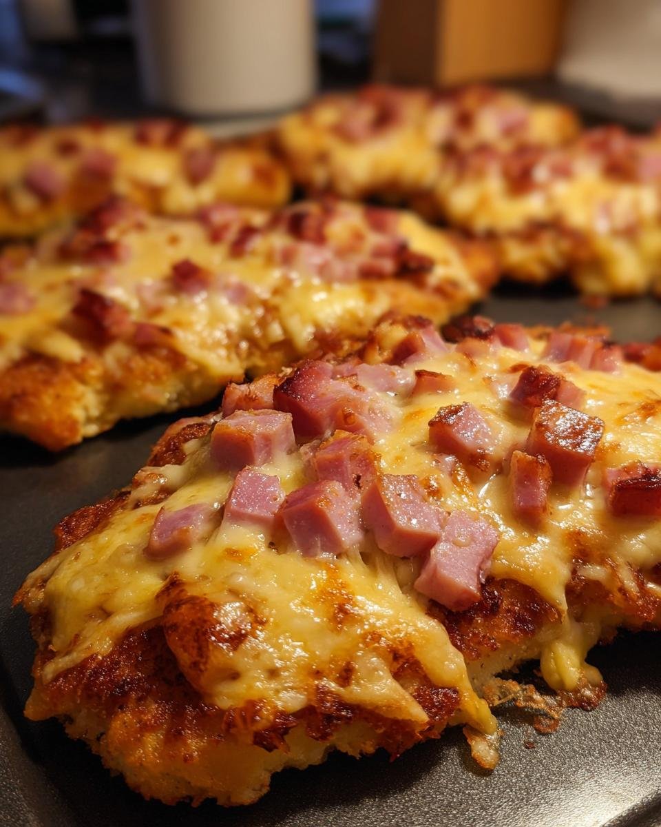 Close-up of Überbackene Partyschnitzel aus dem Ofen, topped with melted cheese and diced ham.