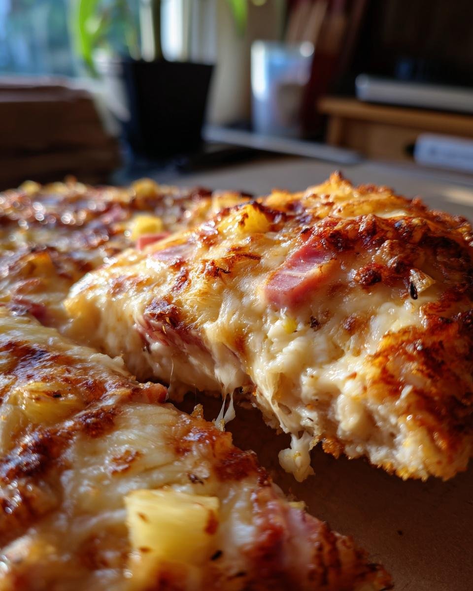 Close-up of a cheesy Überbackene Partyschnitzel slice with ham and pineapple.