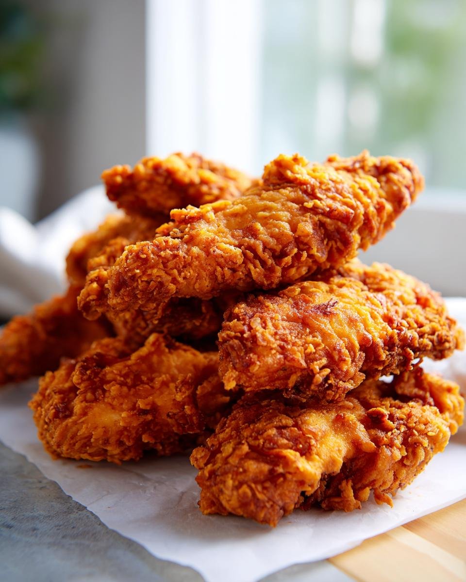 Close-up of ultra knusprige Hähnchenstreifen (crispy chicken strips) piled on parchment paper.