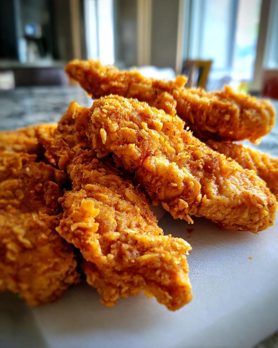 Close-up of ultra knusprige Hähnchenstreifen (crispy chicken strips) showing the golden-brown, textured breading.