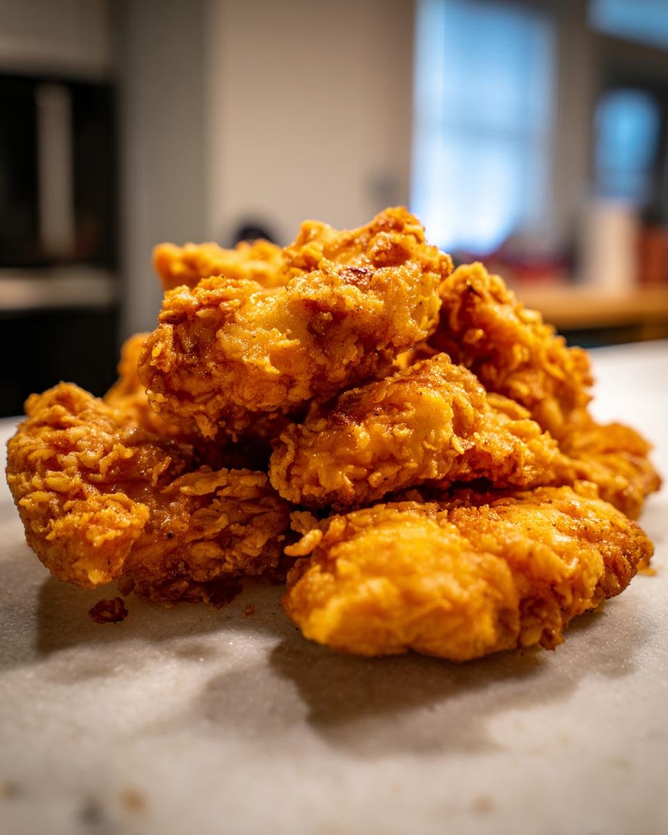 Pile of golden, ultra knusprige Hähnchenstreifen (crispy chicken strips) on a white surface.