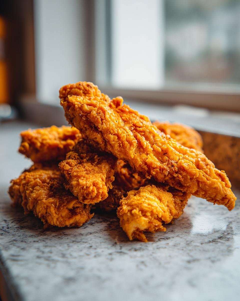 Pile of ultra knusprige Hähnchenstreifen (extra crispy chicken strips) on a marble surface, close-up.