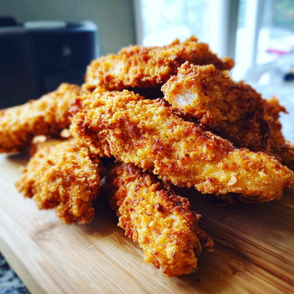 Pile of ultra knusprige Hähnchenstreifen (crispy chicken strips) on a wooden cutting board.