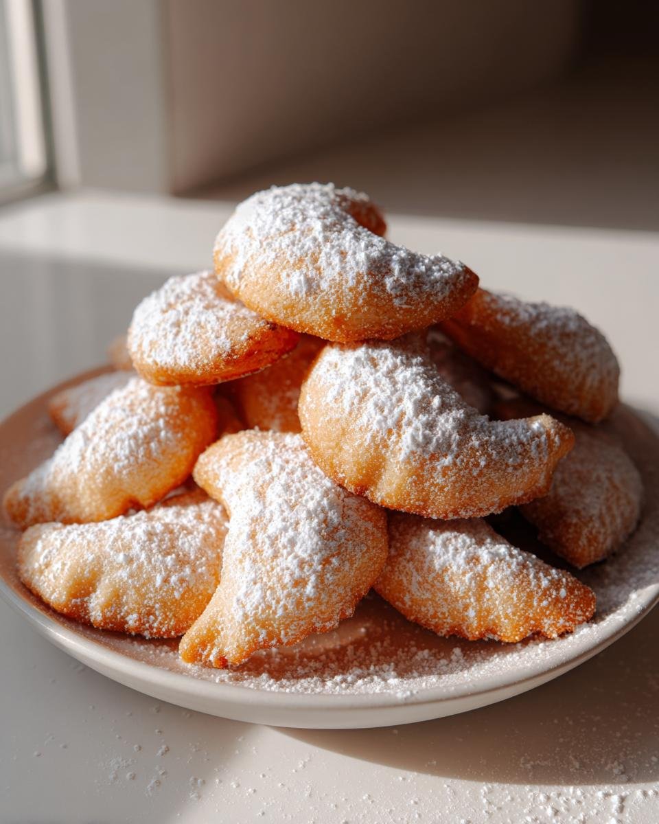 A plate piled high with Uromas Vanillekipferl - bestes!, dusted with powdered sugar.