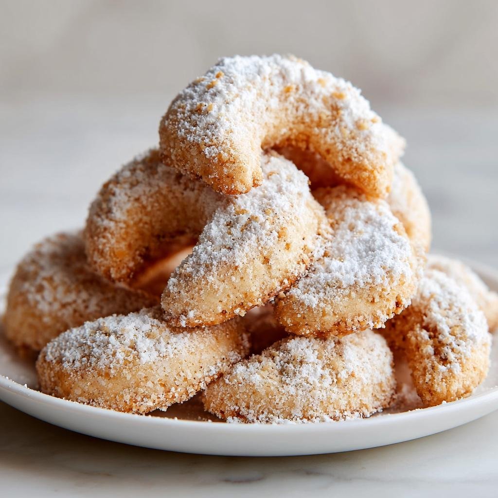 Pile of Uromas Vanillekipferl cookies dusted with powdered sugar on a white plate.
