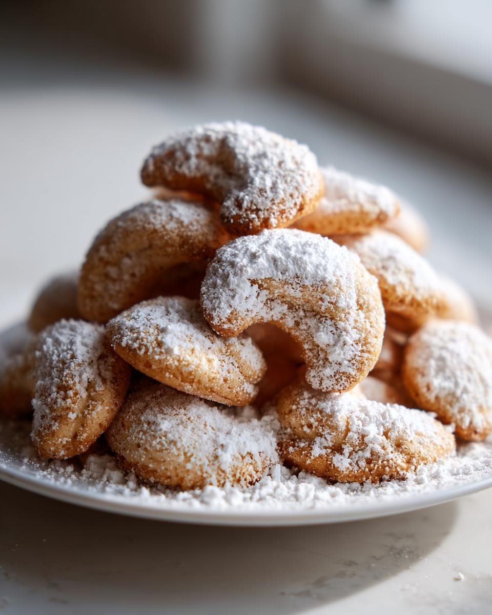 Pile of Uromas Vanillekipferl cookies dusted with powdered sugar on a white plate.